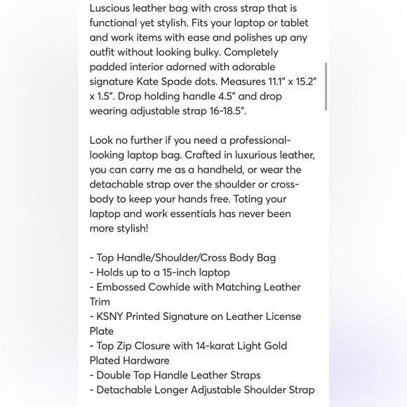 Kate Spade Wellesley Tanner Boar Leather Laptop Bag Black Unisex - Picture 6 of 6